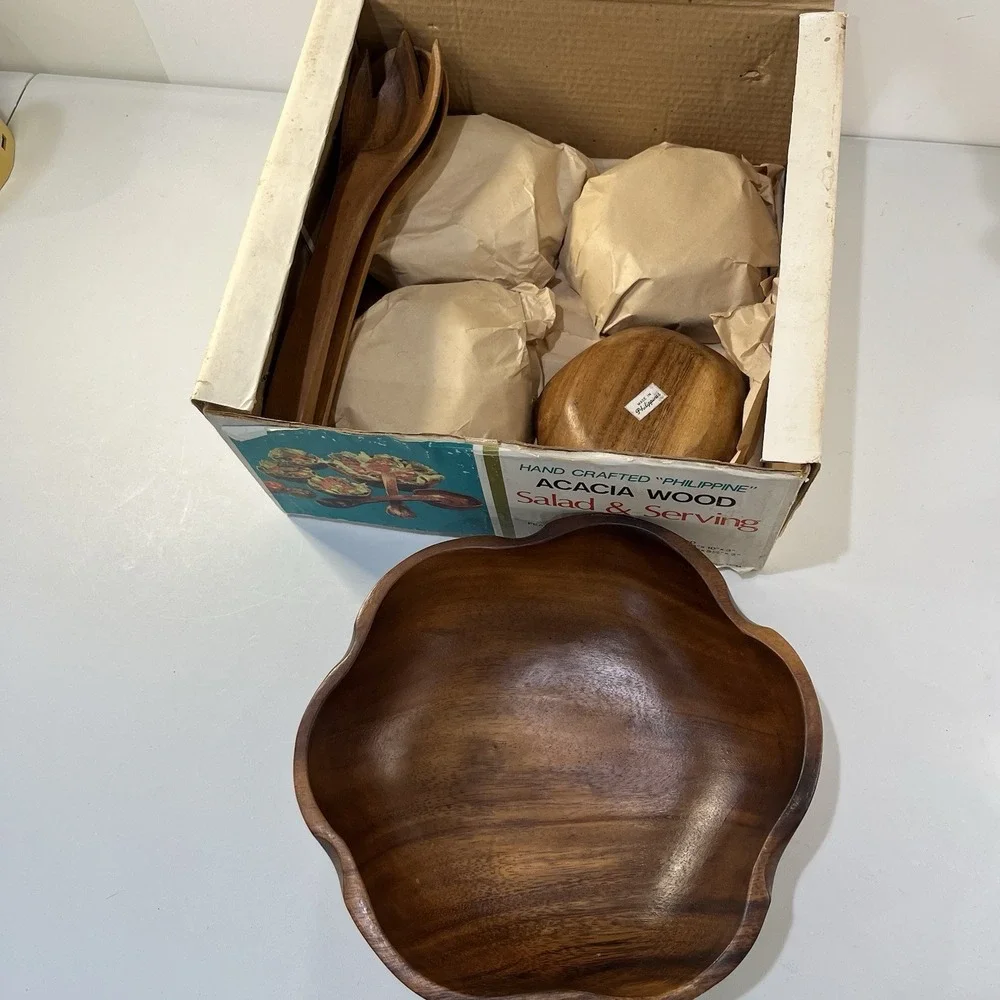 Vtg 7 Pc Acacia Wood Bowl Phillipines Set 1 Salad Bowl 4 Bowls 2 Utensils‎ Box